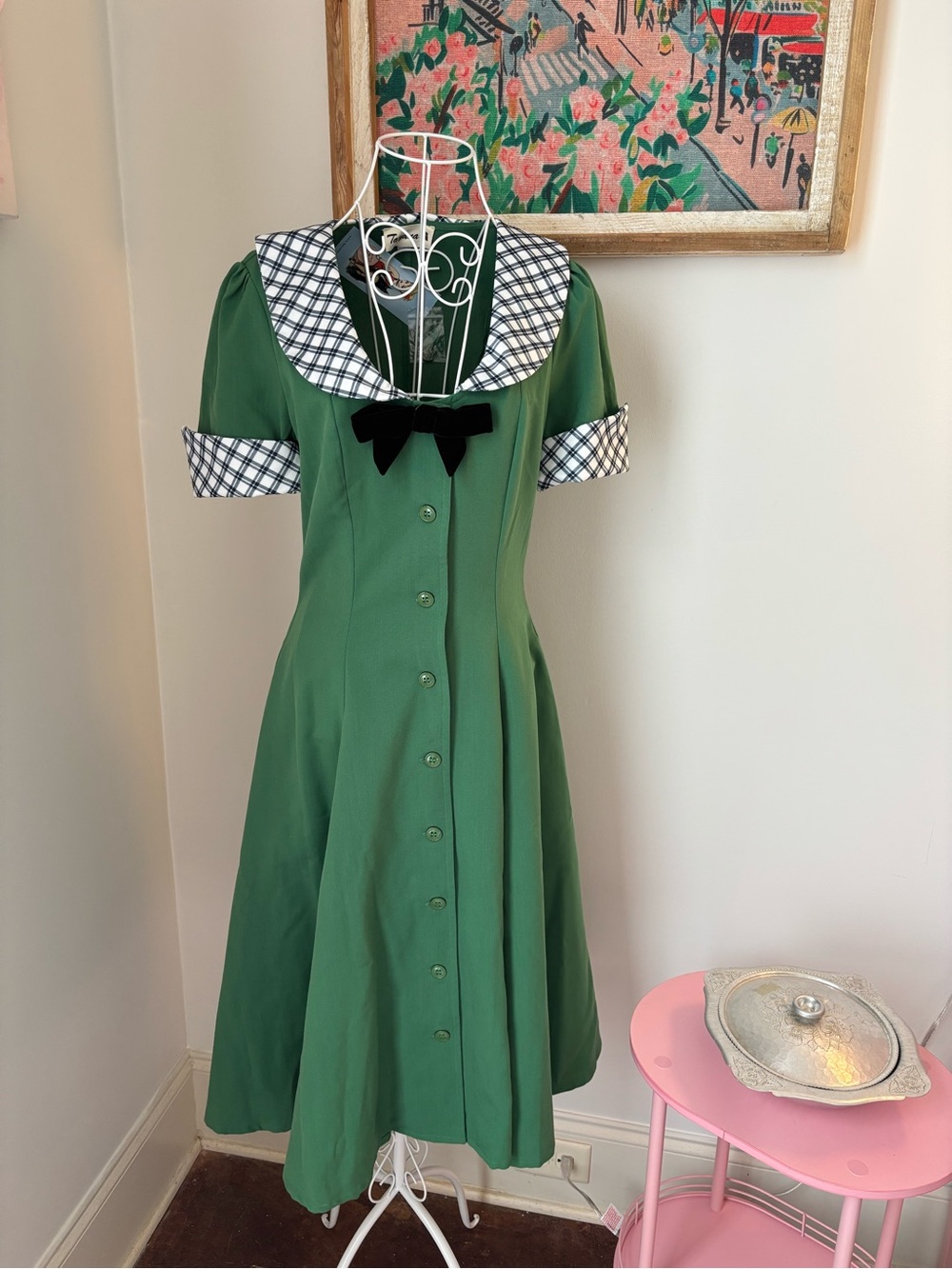 Tatyana Green Midi Dress with Plaid Collar & Cuffs